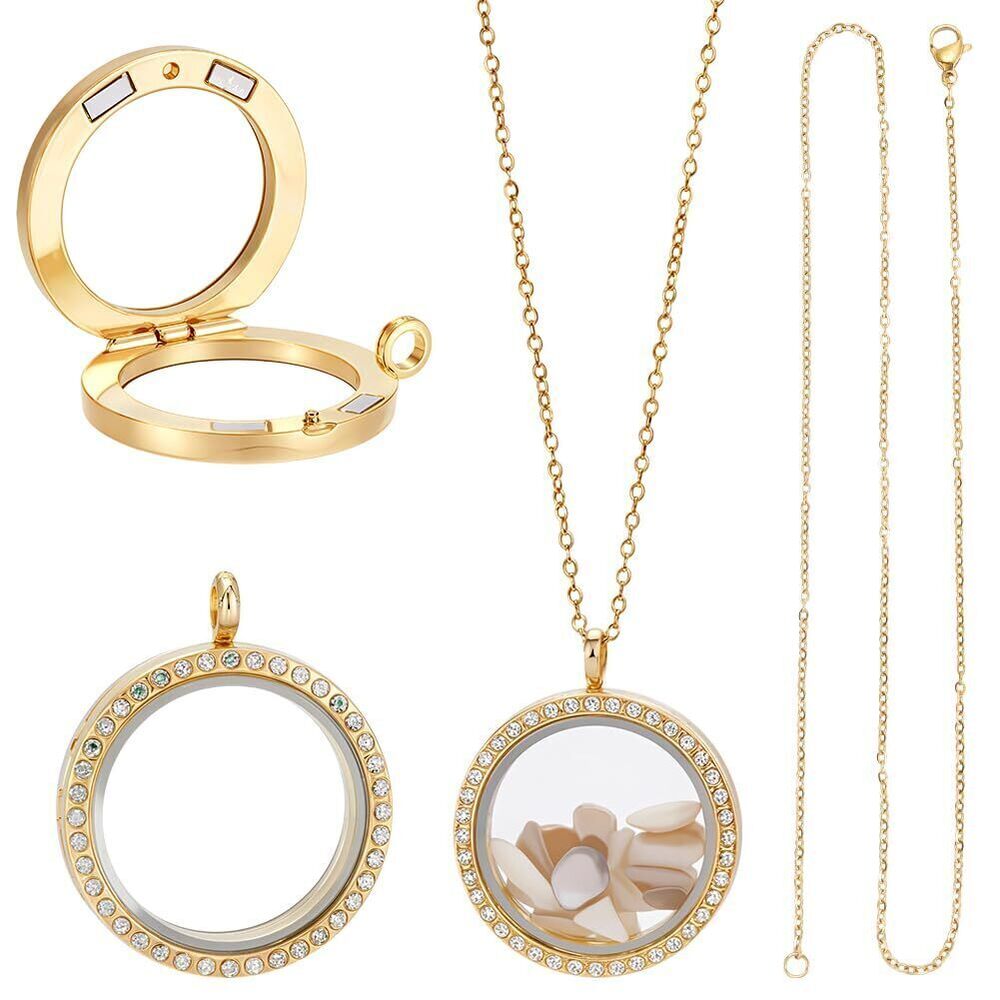 7926 2 Sets Gold Rhinestone Photo Charms Stainless Steel Crystal Memory
